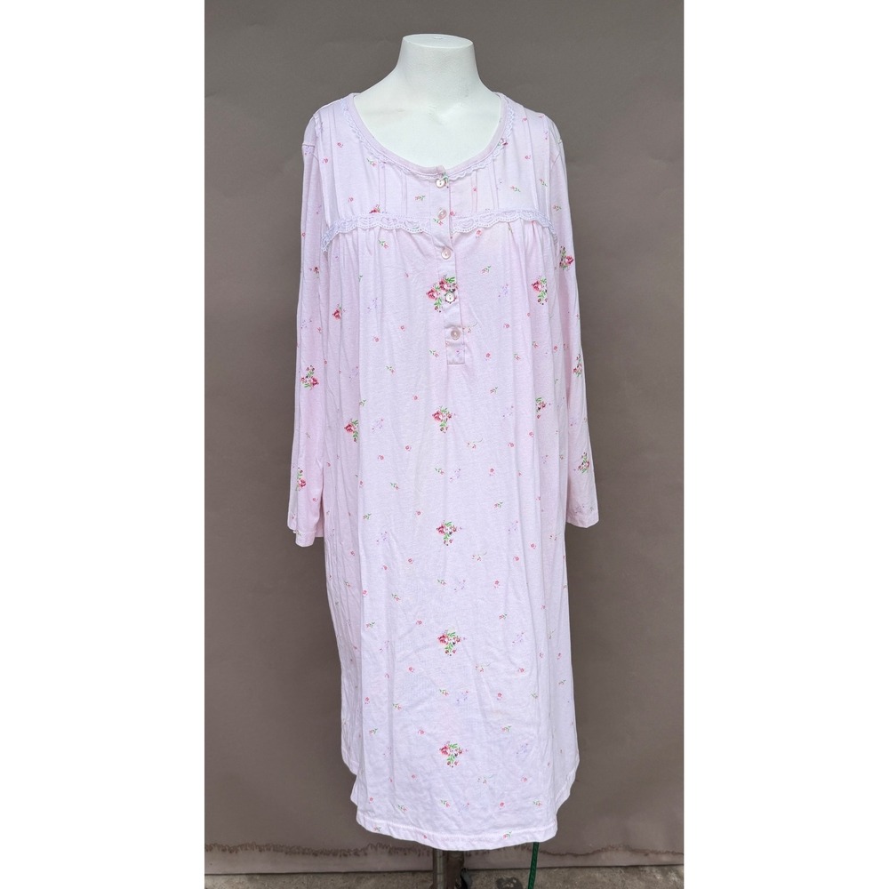 Vtg Emme Jordan Nightgown 3X Pink Floral Lace Trim Long Sleeve Button Sleepwear